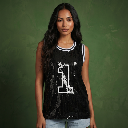 Sparkle Glitter Hip Hop Number 1 T-Shirt Top Blouse Tunic Sequins Basketball Tank Vests
