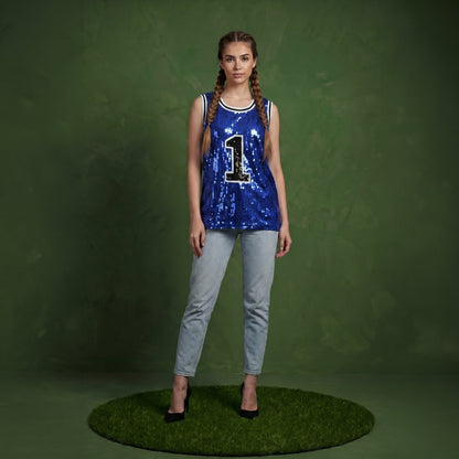 Sparkle Glitter Hip Hop Number 1 T-Shirt Top Blouse Tunic Sequins Basketball Tank Vests