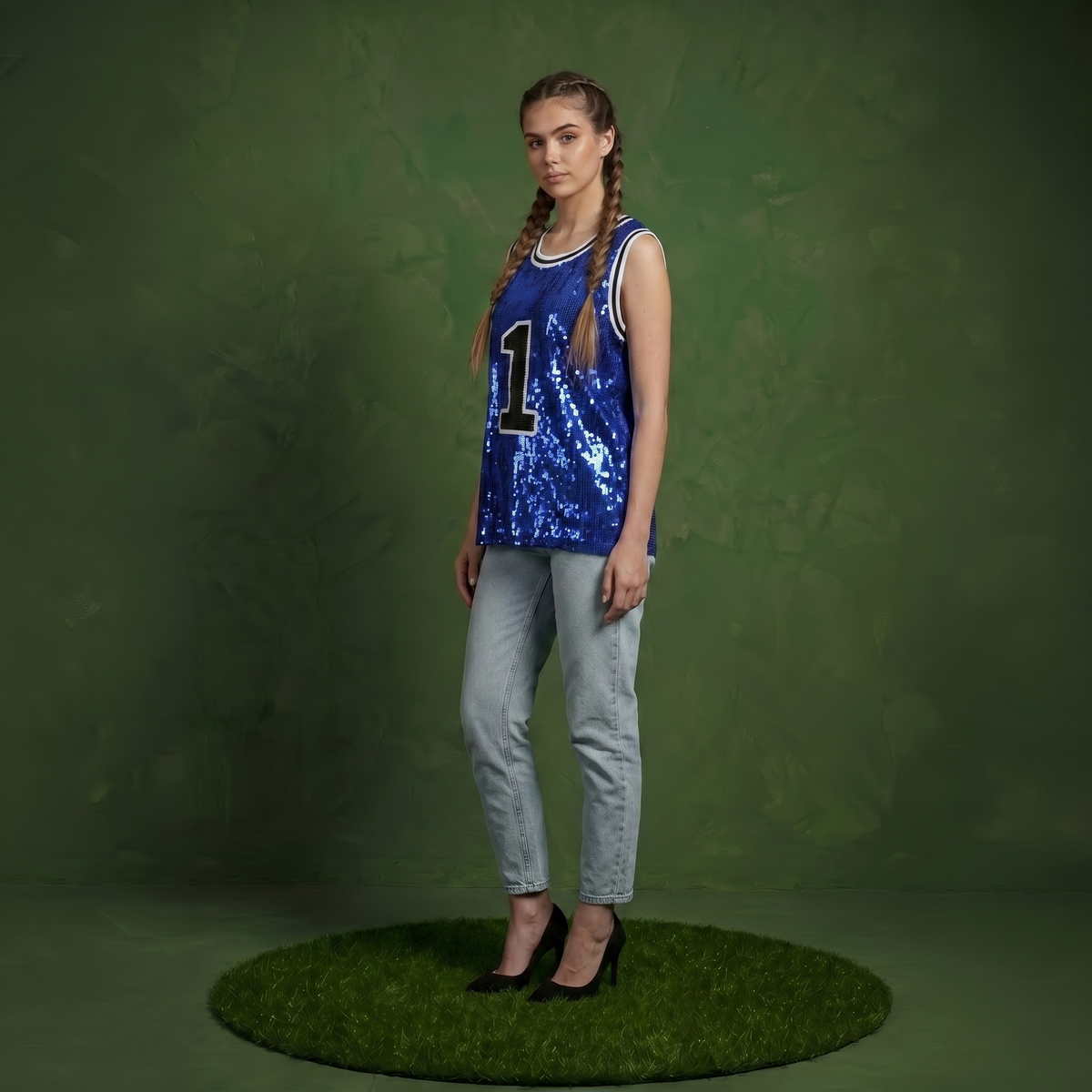 Sparkle Glitter Hip Hop Number 1 T-Shirt Top Blouse Tunic Sequins Basketball Tank Vests
