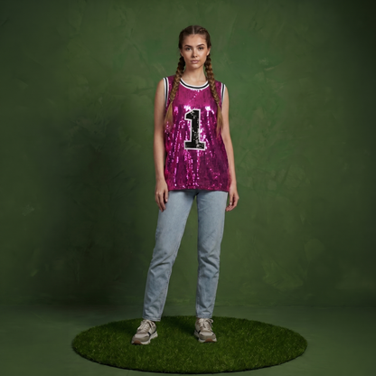 Sparkle Glitter Hip Hop Number 1 T-Shirt Top Blouse Tunic Sequins Basketball Tank Vests