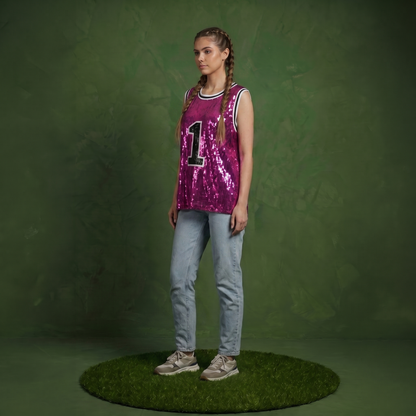 Sparkle Glitter Hip Hop Number 1 T-Shirt Top Blouse Tunic Sequins Basketball Tank Vests