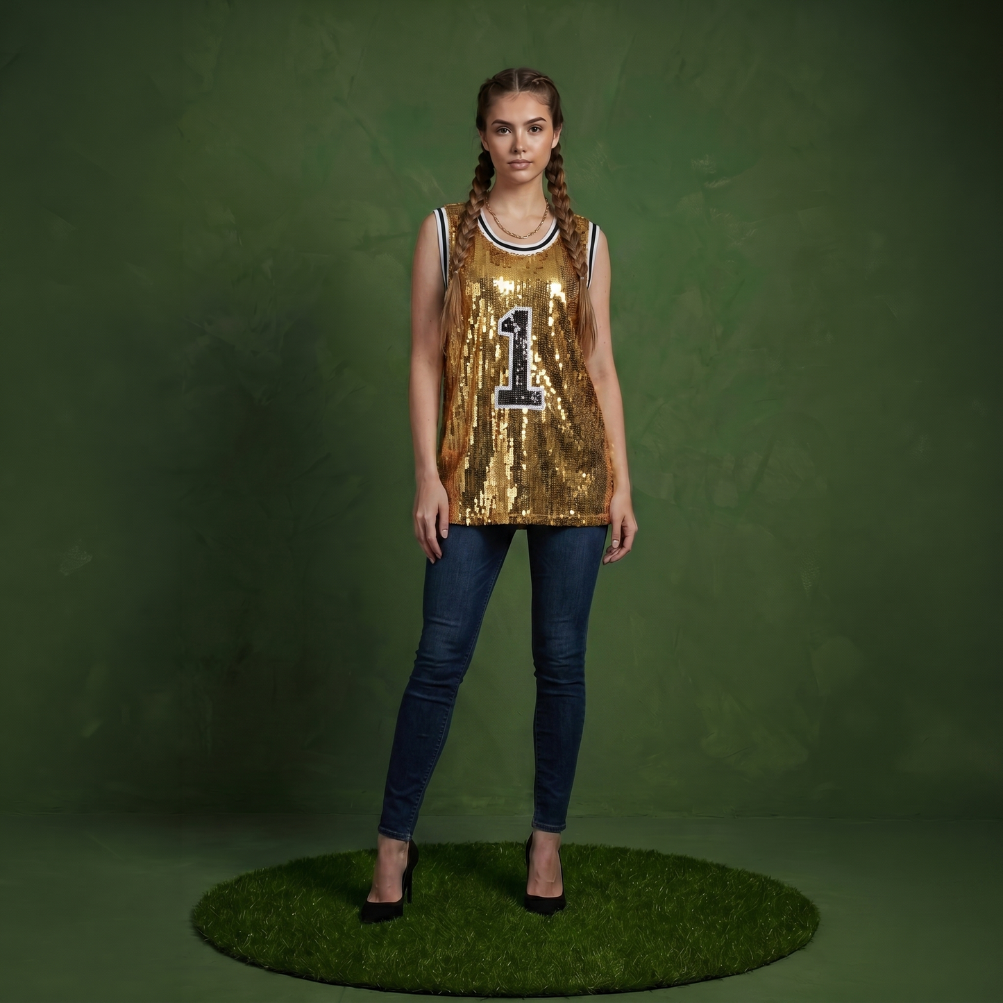 Sparkle Glitter Hip Hop Number 1 T-Shirt Top Blouse Tunic Sequins Basketball Tank Vests
