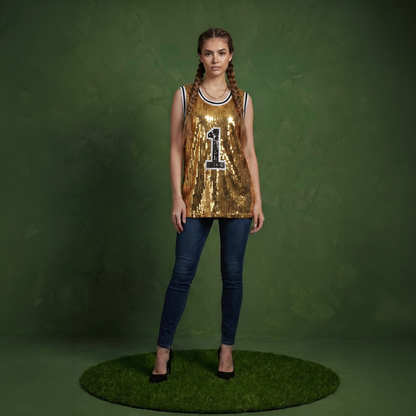 Sparkle Glitter Hip Hop Number 1 T-Shirt Top Blouse Tunic Sequins Basketball Tank Vests