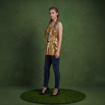 Sparkle Glitter Hip Hop Number 1 T-Shirt Top Blouse Tunic Sequins Basketball Tank Vests