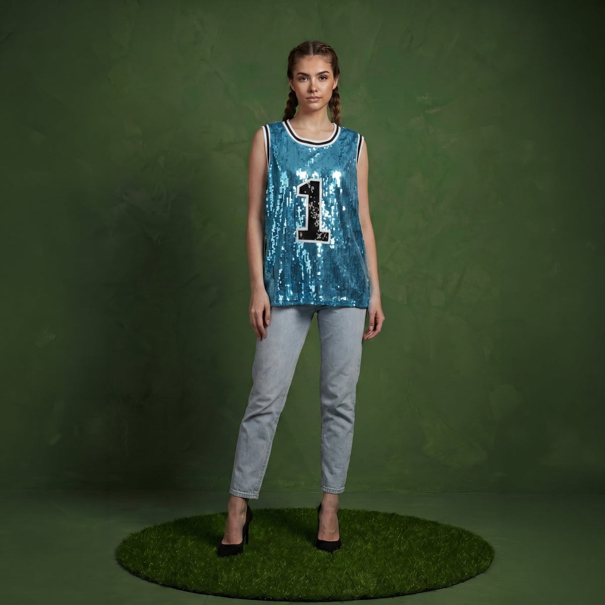 Sparkle Glitter Hip Hop Number 1 T-Shirt Top Blouse Tunic Sequins Basketball Tank Vests