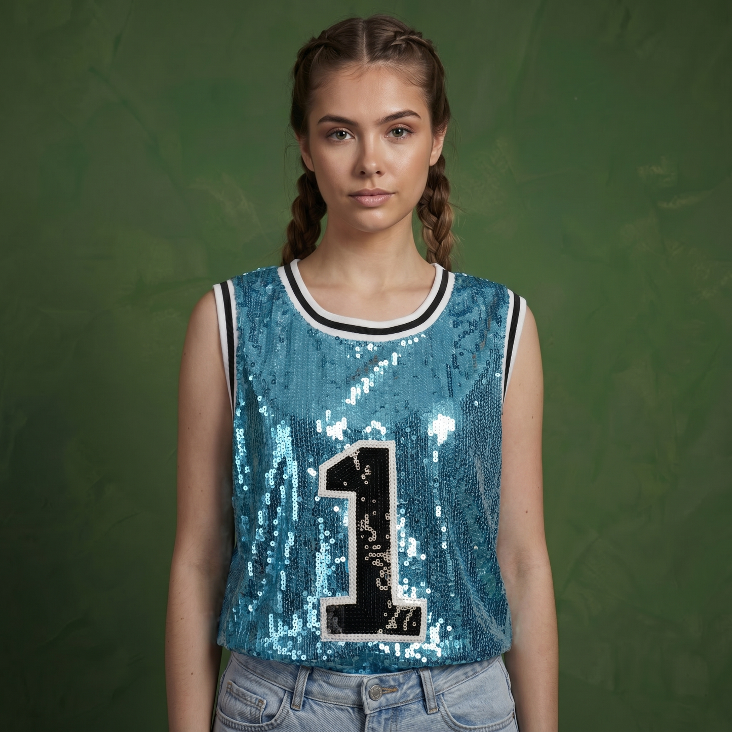 Sparkle Glitter Hip Hop Number 1 T-Shirt Top Blouse Tunic Sequins Basketball Tank Vests