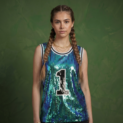 Sparkle Glitter Hip Hop Number 1 T-Shirt Top Blouse Tunic Sequins Basketball Tank Vests