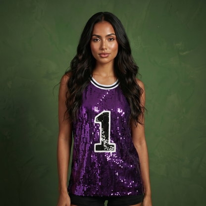 Sparkle Glitter Hip Hop Number 1 T-Shirt Top Blouse Tunic Sequins Basketball Tank Vests