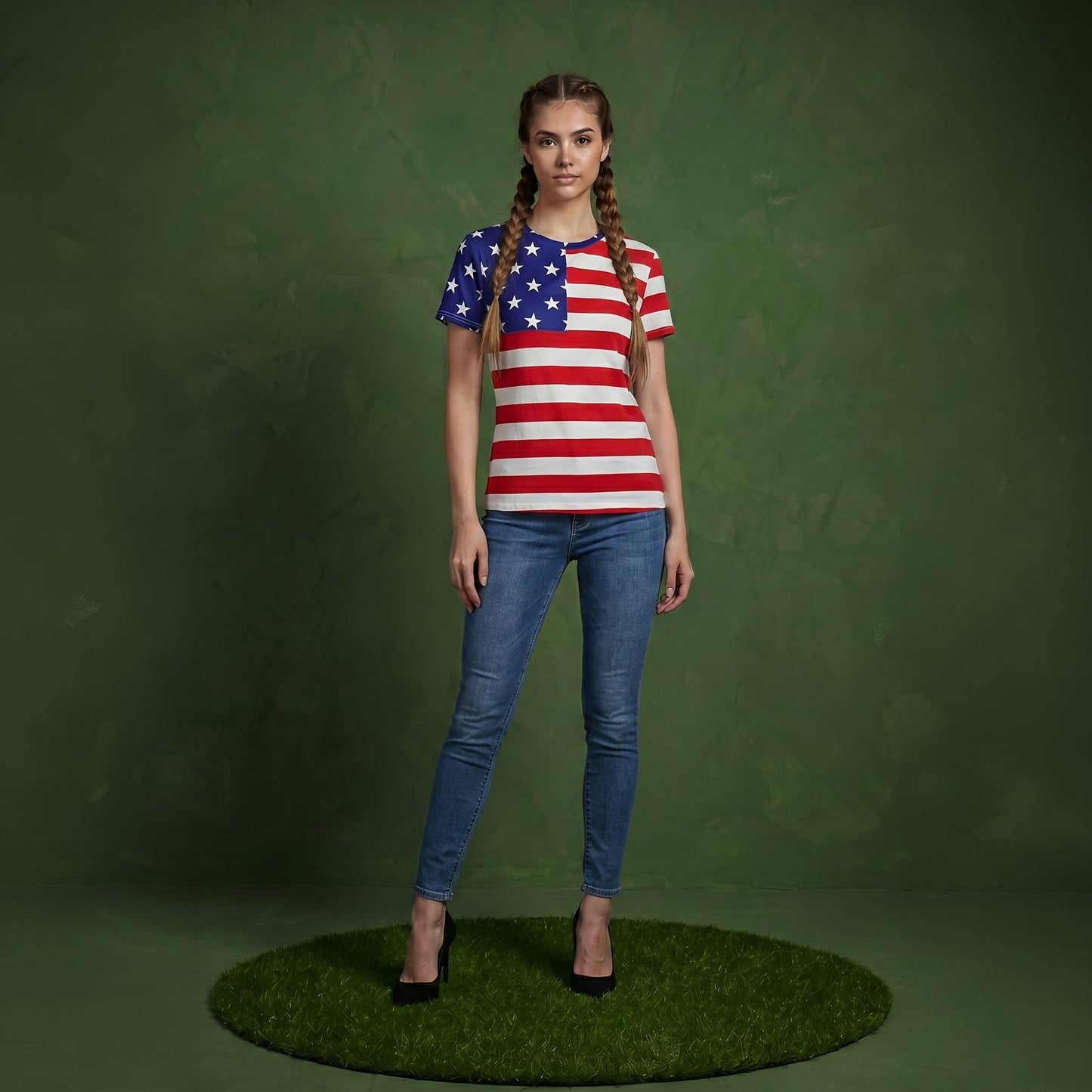 Round Neck American Flag Top July of 4th USA Patriotic T-Shirt Blouse