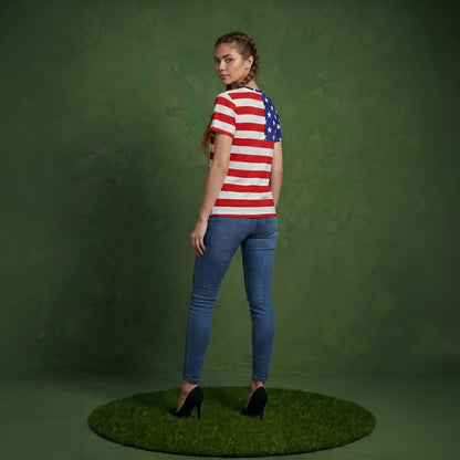 Round Neck American Flag Top July of 4th USA Patriotic T-Shirt Blouse