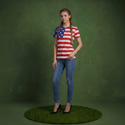 Round Neck American Flag Top July of 4th USA Patriotic T-Shirt Blouse