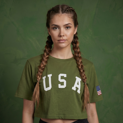 Anna-Kaci Women's Letter Print Crop Top Short Sleeve July 4th USA Flag T-Shirt