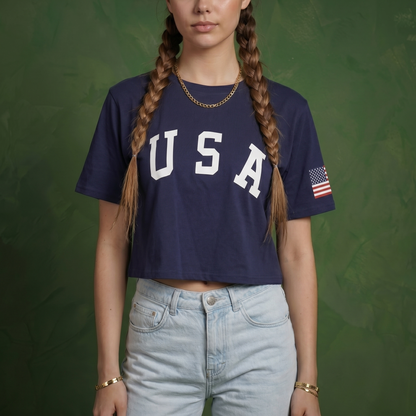 Anna-Kaci Women's Letter Print Crop Top Short Sleeve July 4th USA Flag T-Shirt