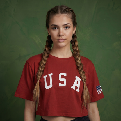 Anna-Kaci Women's Letter Print Crop Top Short Sleeve July 4th USA Flag T-Shirt