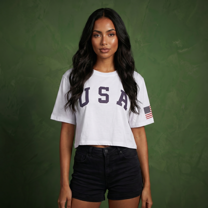 Anna-Kaci Women's Letter Print Crop Top Short Sleeve July 4th USA Flag T-Shirt