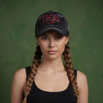 Anna-Kaci American USA Embroidered Washed Cotton Baseball Cap Polo Style