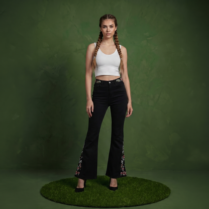 Floral Daisy Embroidered Mid Rise Bell Bottom Jeans