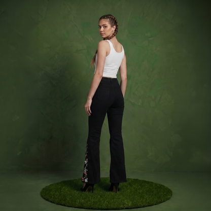 Floral Daisy Embroidered Mid Rise Bell Bottom Jeans