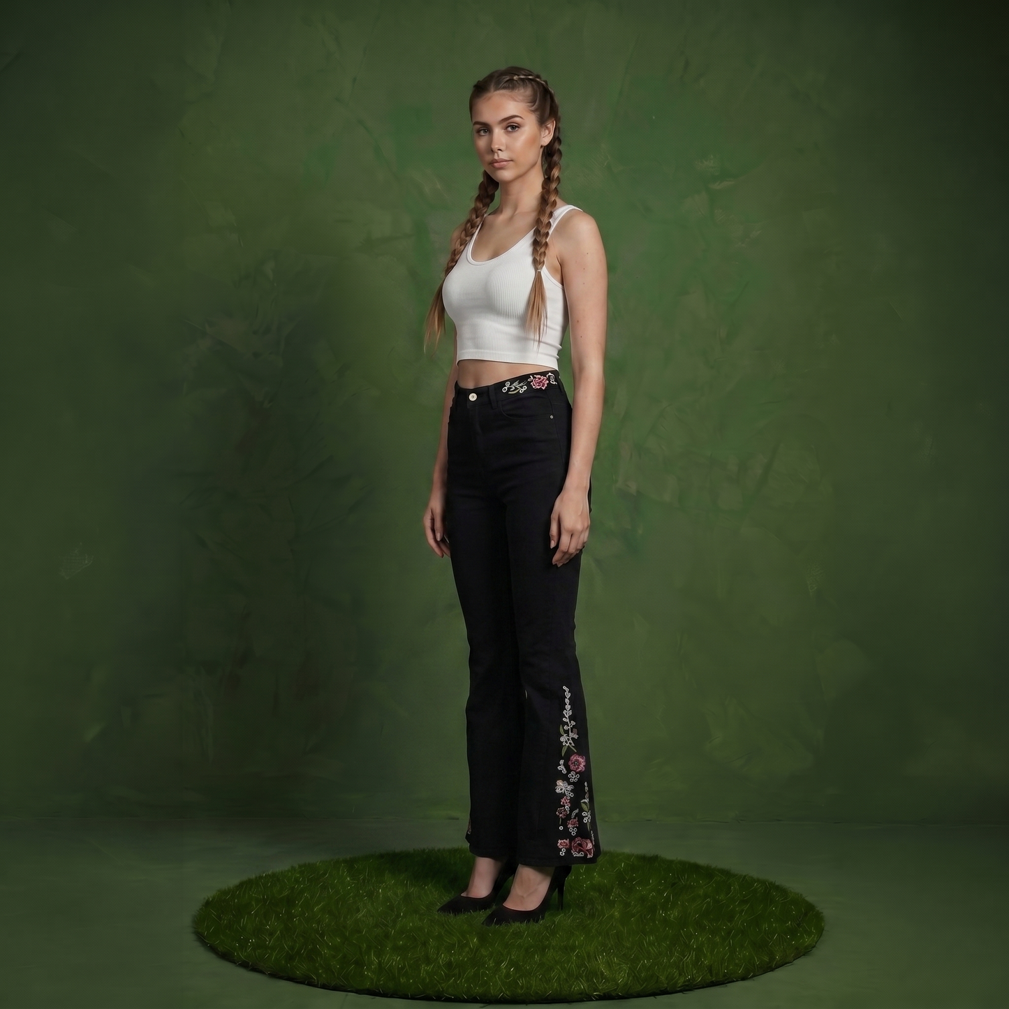 Floral Daisy Embroidered Mid Rise Bell Bottom Jeans