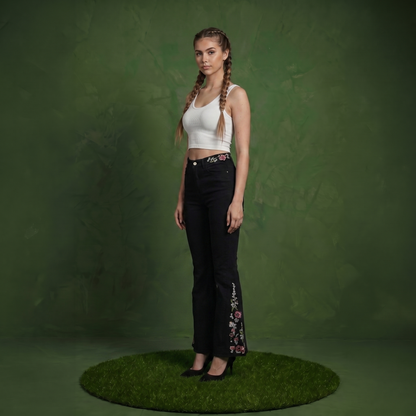 Floral Daisy Embroidered Mid Rise Bell Bottom Jeans