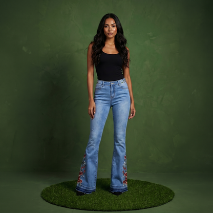 Floral Daisy Embroidered Mid Rise Bell Bottom Jeans