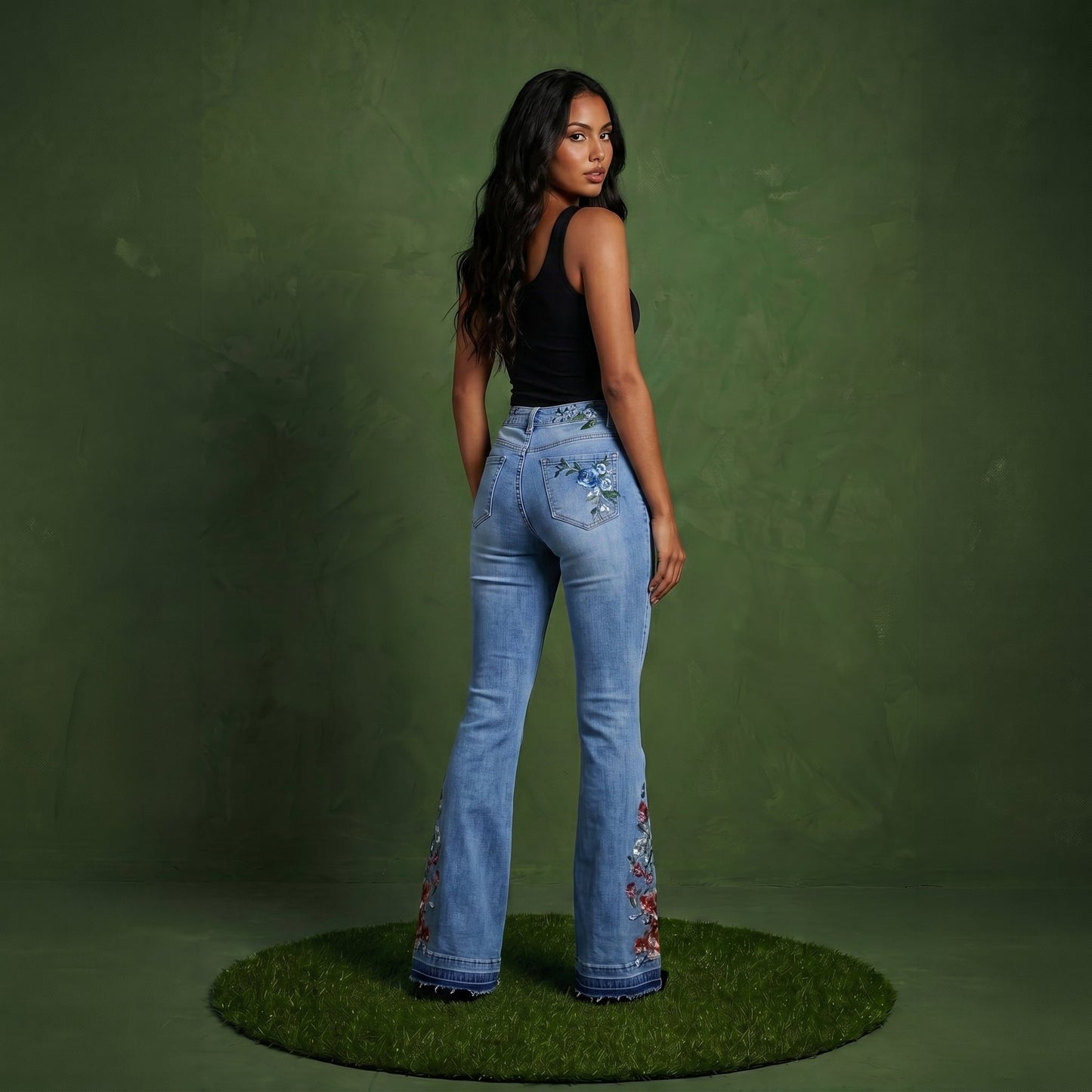 Floral Daisy Embroidered Mid Rise Bell Bottom Jeans