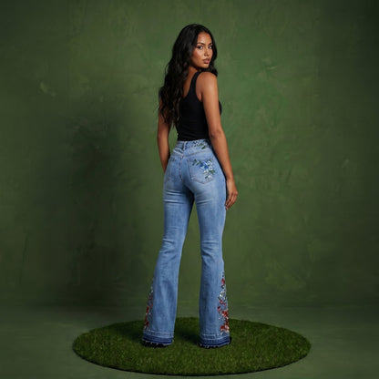 Floral Daisy Embroidered Mid Rise Bell Bottom Jeans