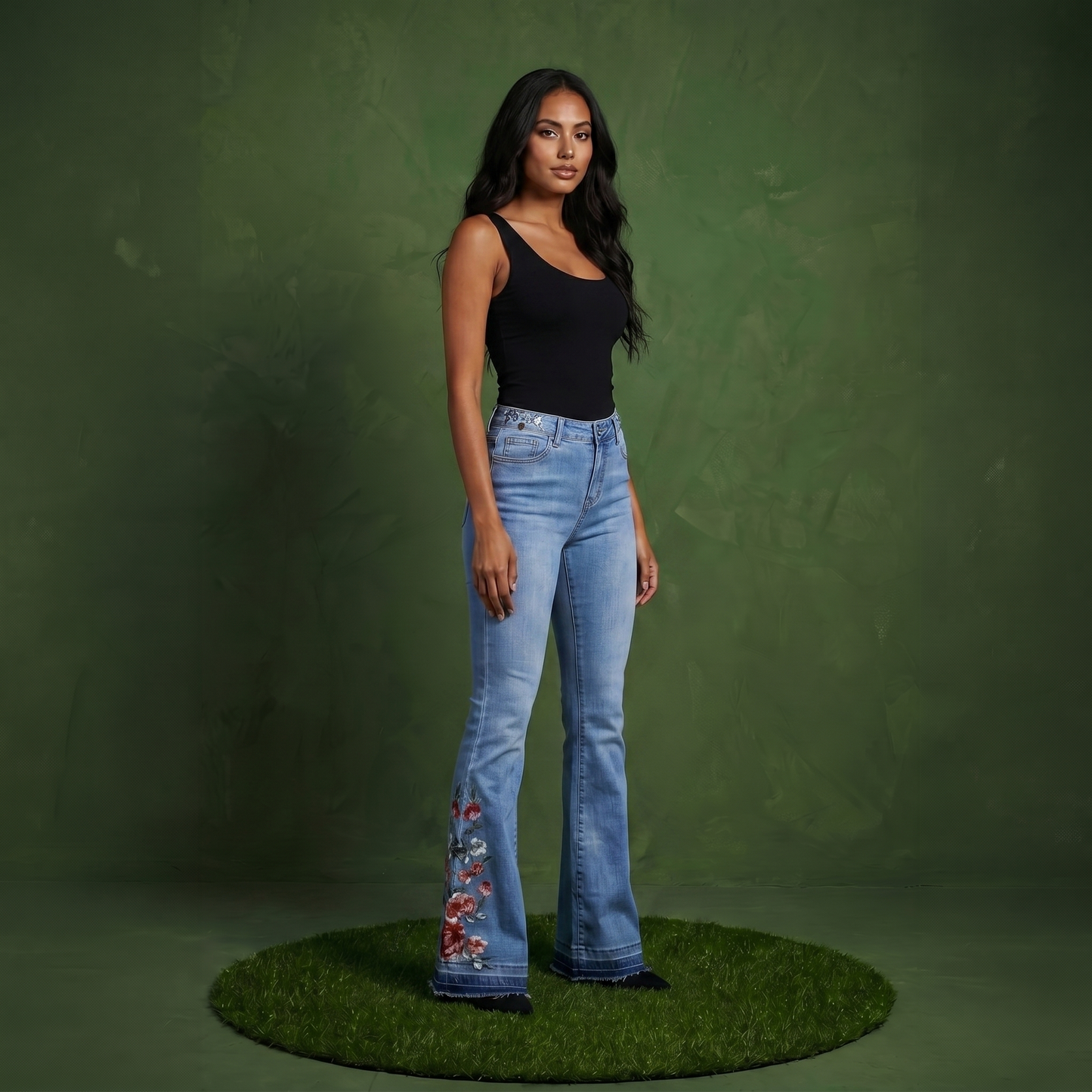 Floral Daisy Embroidered Mid Rise Bell Bottom Jeans