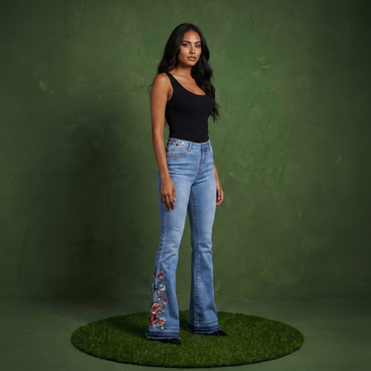 Floral Daisy Embroidered Mid Rise Bell Bottom Jeans