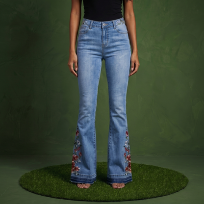 Floral Daisy Embroidered Mid Rise Bell Bottom Jeans