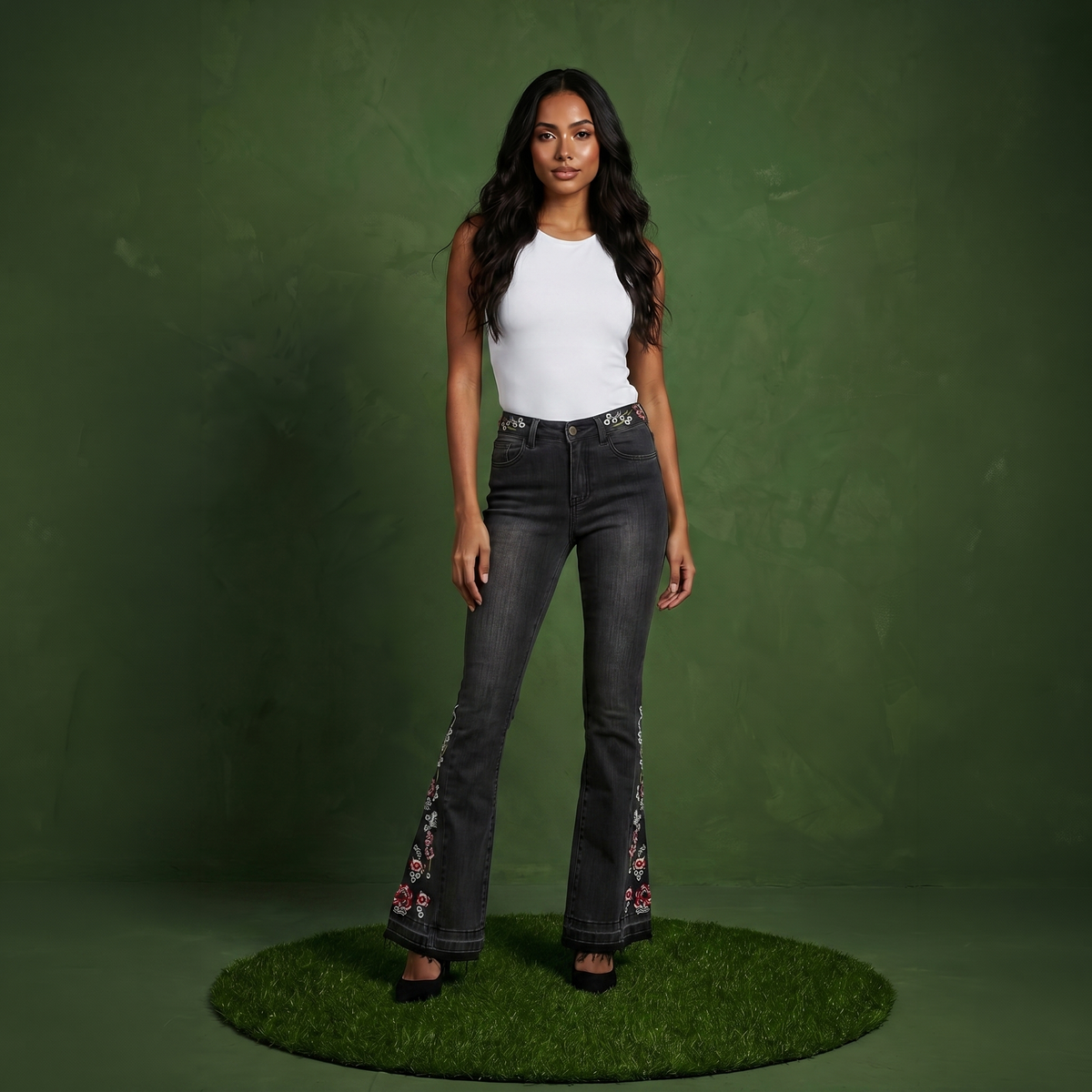 Floral Daisy Embroidered Mid Rise Bell Bottom Jeans