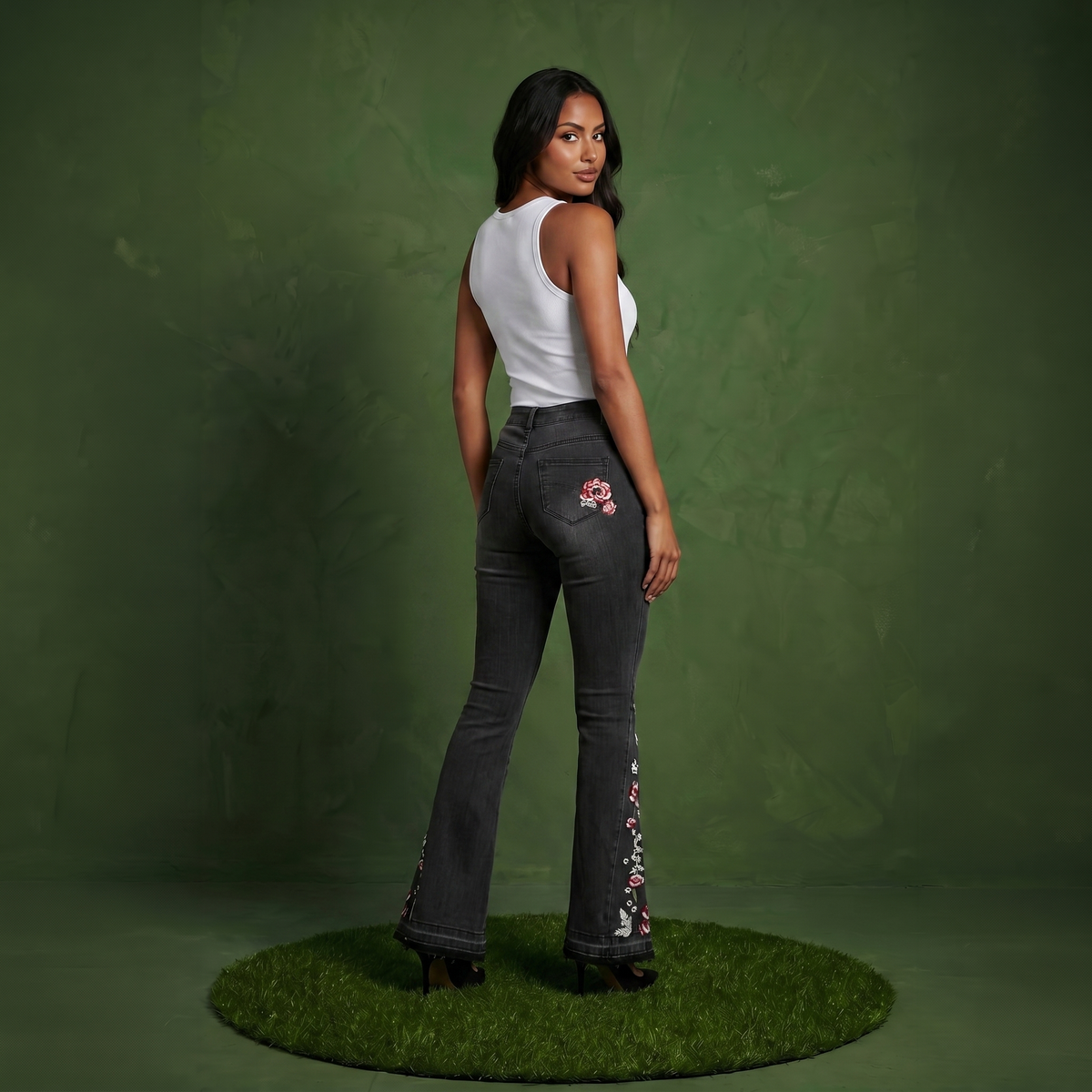 Floral Daisy Embroidered Mid Rise Bell Bottom Jeans