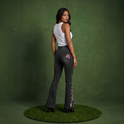 Floral Daisy Embroidered Mid Rise Bell Bottom Jeans