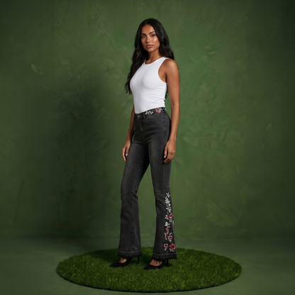 Floral Daisy Embroidered Mid Rise Bell Bottom Jeans