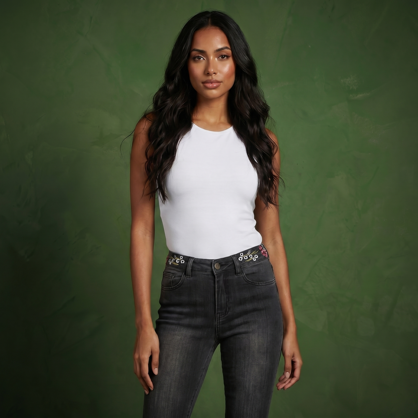 Floral Daisy Embroidered Mid Rise Bell Bottom Jeans