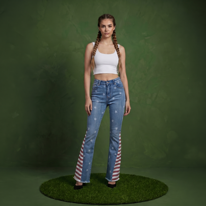 Floral Daisy Embroidered Mid Rise Bell Bottom Jeans
