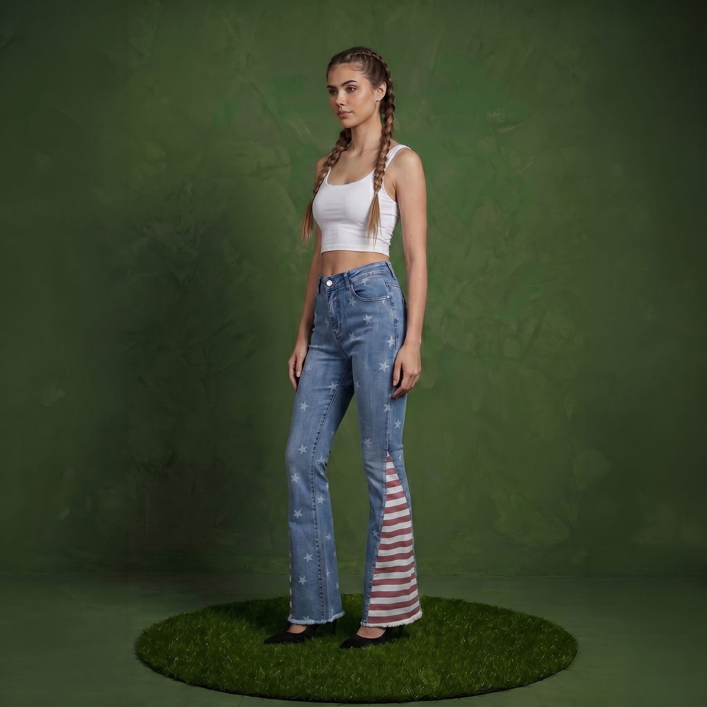 Floral Daisy Embroidered Mid Rise Bell Bottom Jeans