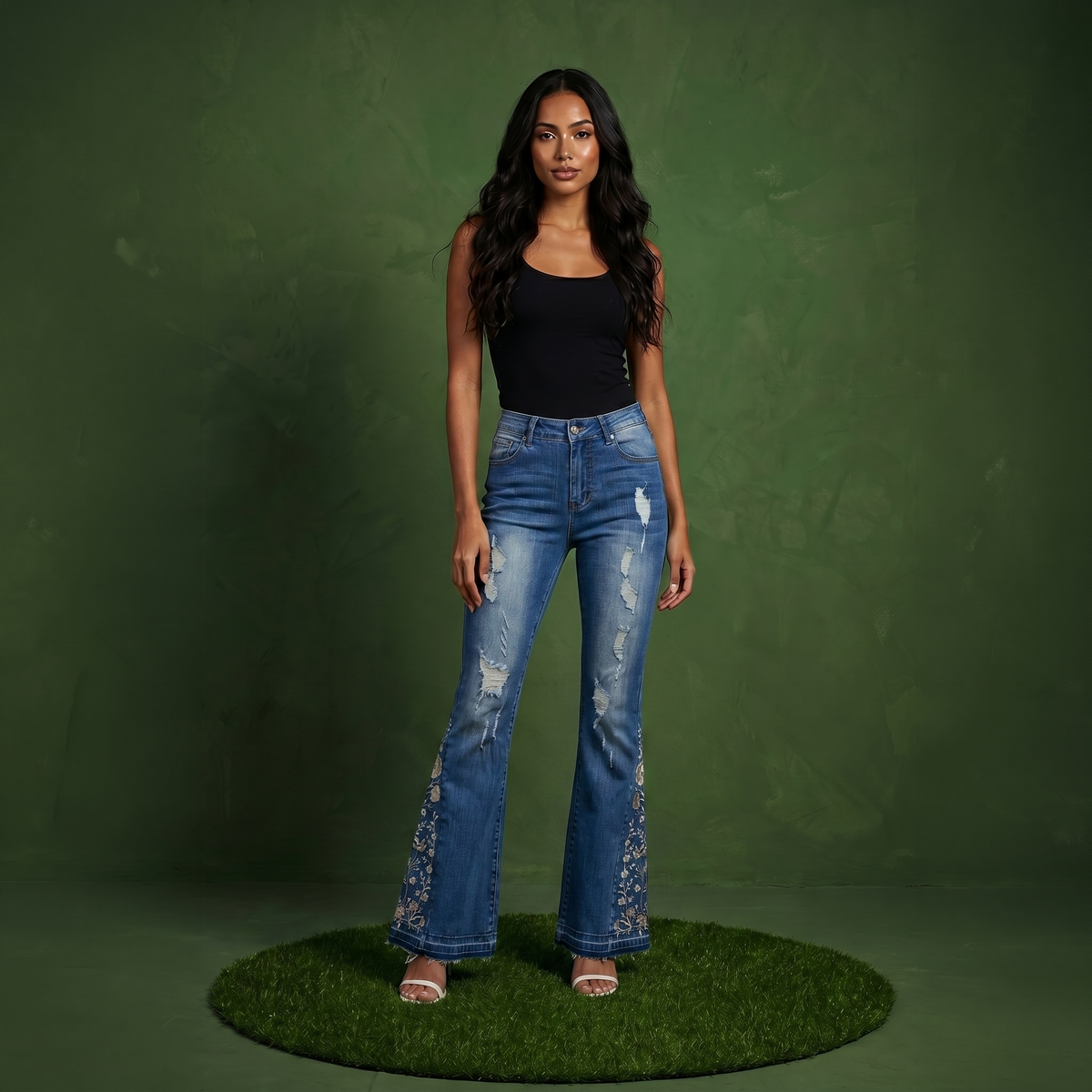 Floral Daisy Embroidered Mid Rise Bell Bottom Jeans