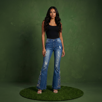 Floral Daisy Embroidered Mid Rise Bell Bottom Jeans