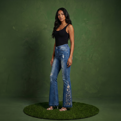 Floral Daisy Embroidered Mid Rise Bell Bottom Jeans