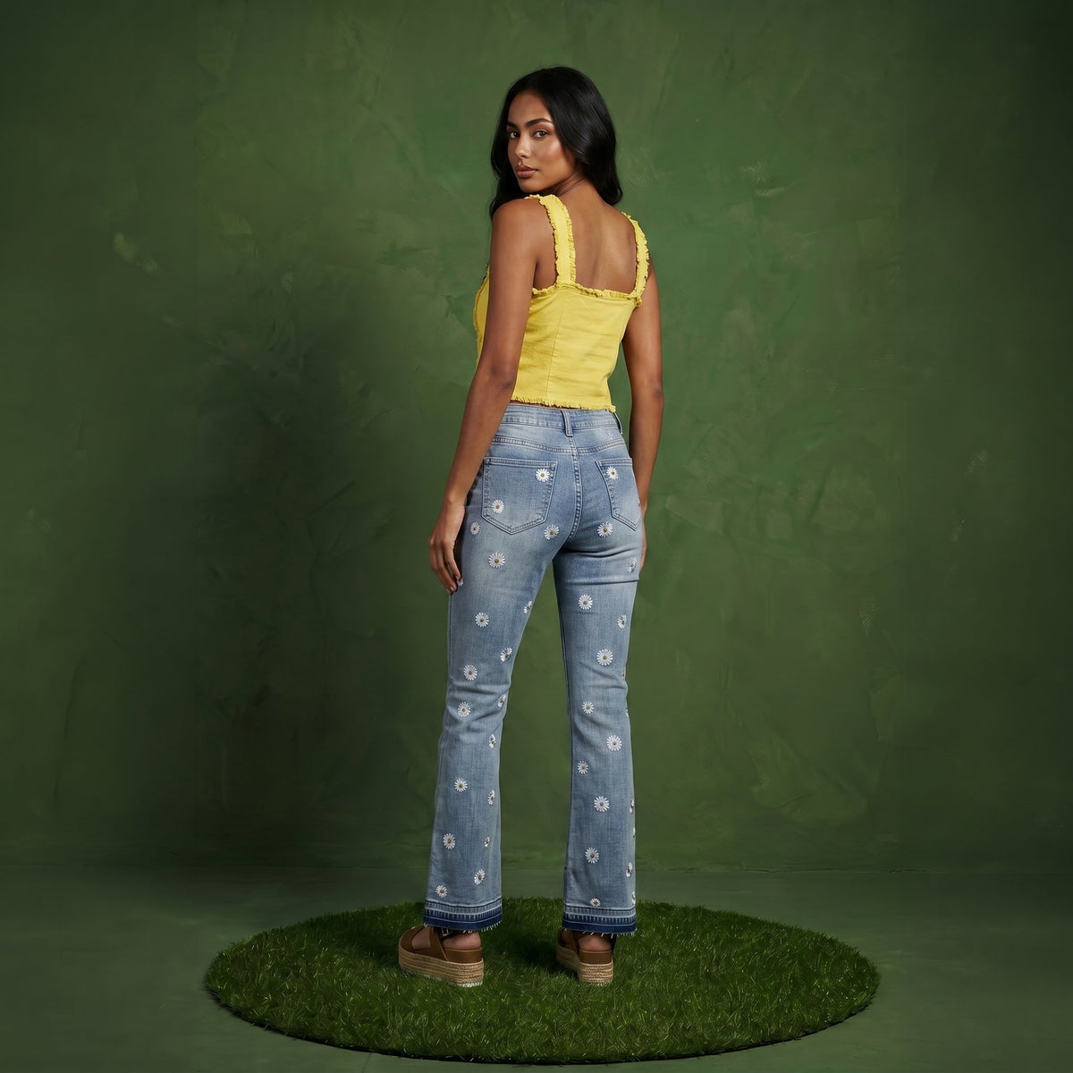Floral Daisy Embroidered Mid Rise Bell Bottom Jeans