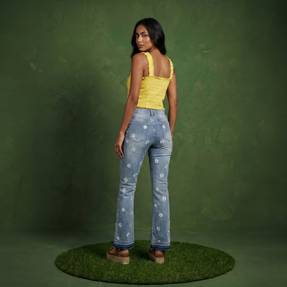 Floral Daisy Embroidered Mid Rise Bell Bottom Jeans