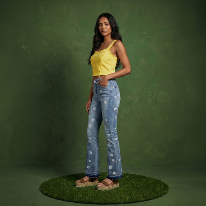 Floral Daisy Embroidered Mid Rise Bell Bottom Jeans