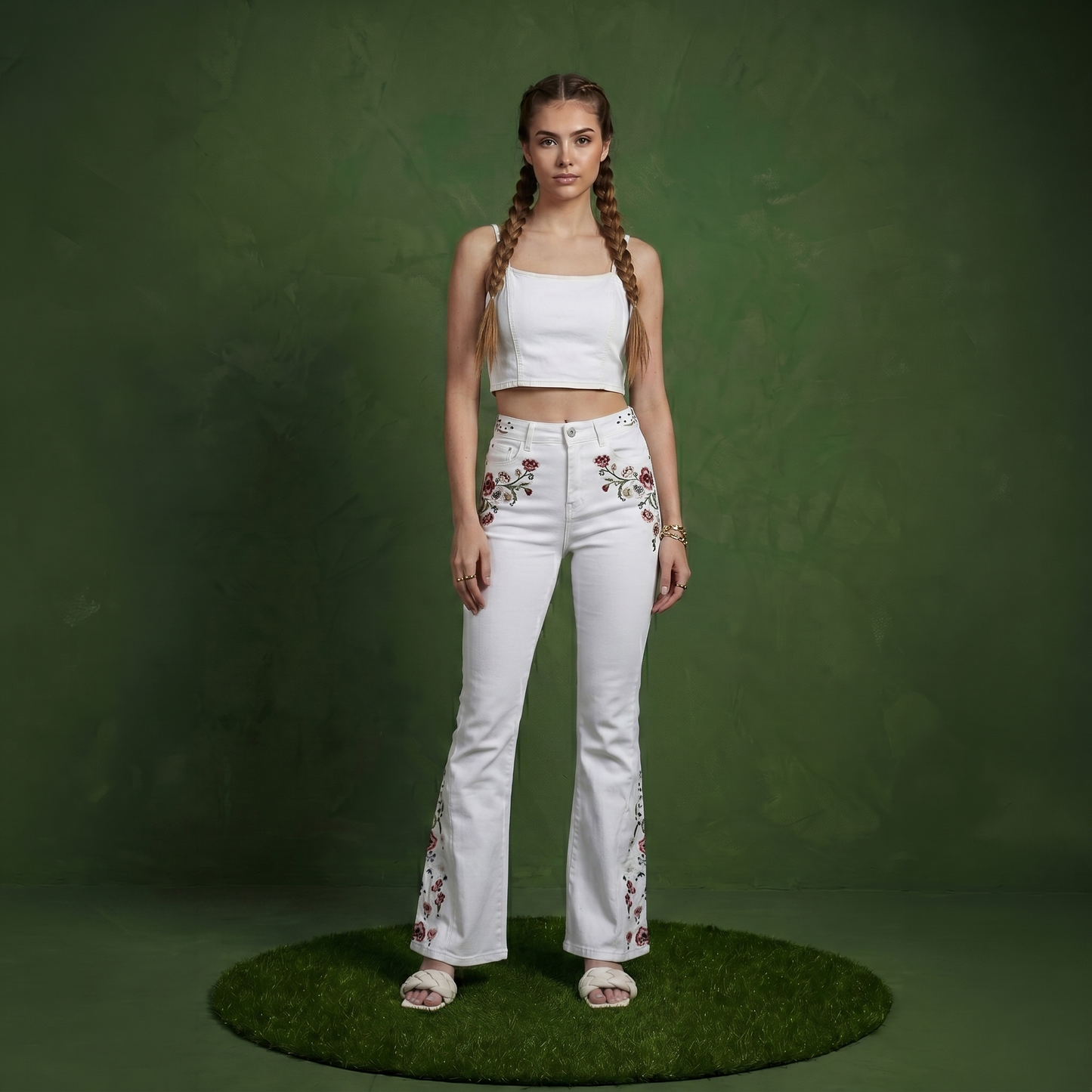 Floral Daisy Embroidered Mid Rise Bell Bottom Jeans