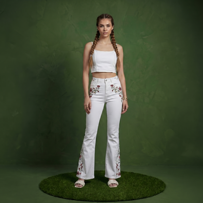 Floral Daisy Embroidered Mid Rise Bell Bottom Jeans