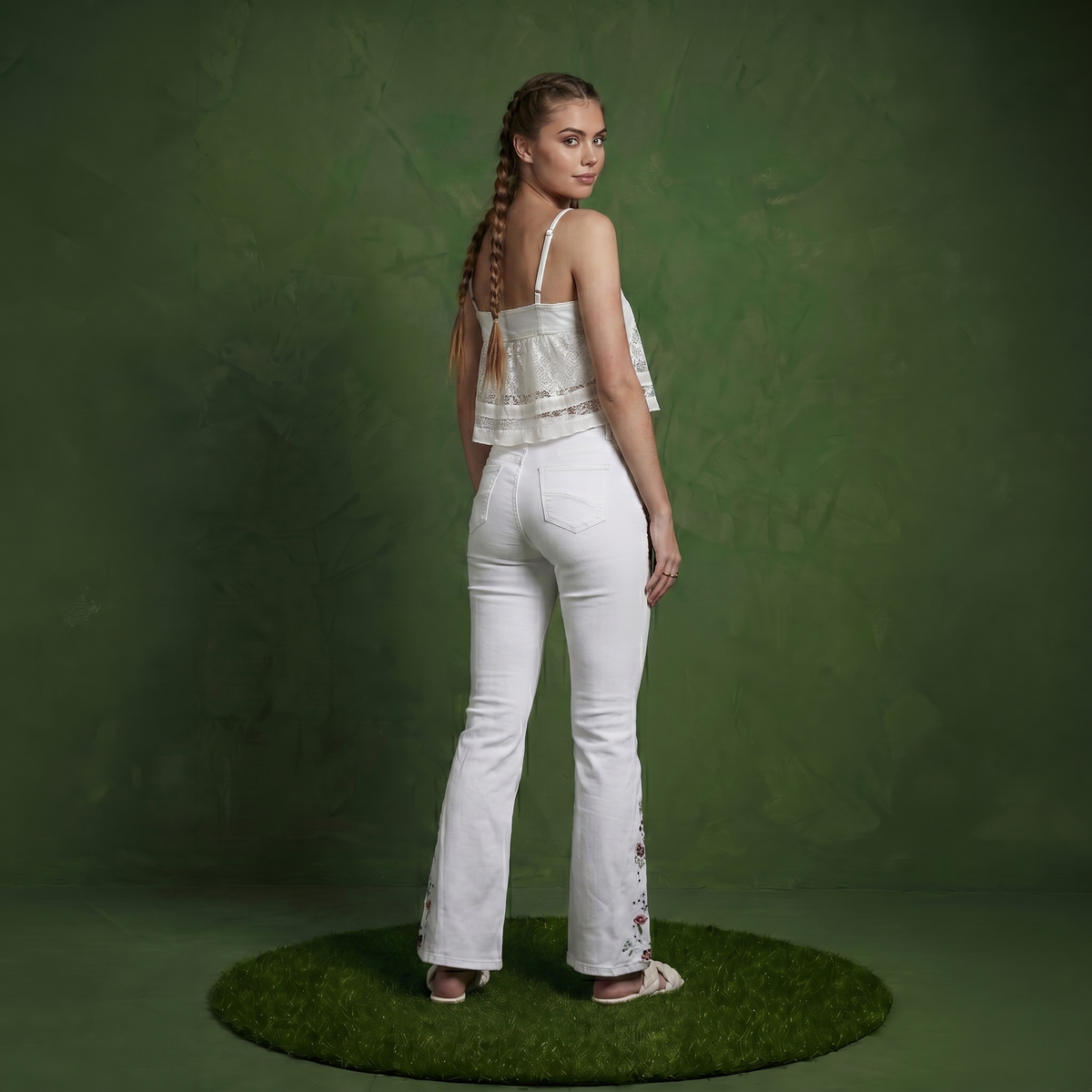 Floral Daisy Embroidered Mid Rise Bell Bottom Jeans