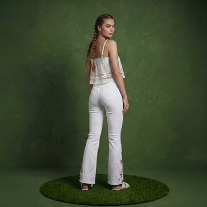 Floral Daisy Embroidered Mid Rise Bell Bottom Jeans