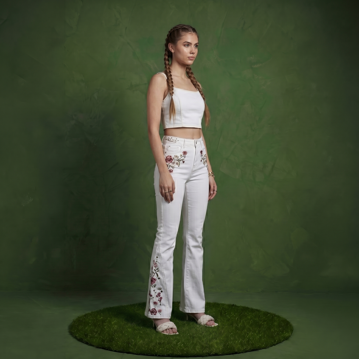 Floral Daisy Embroidered Mid Rise Bell Bottom Jeans