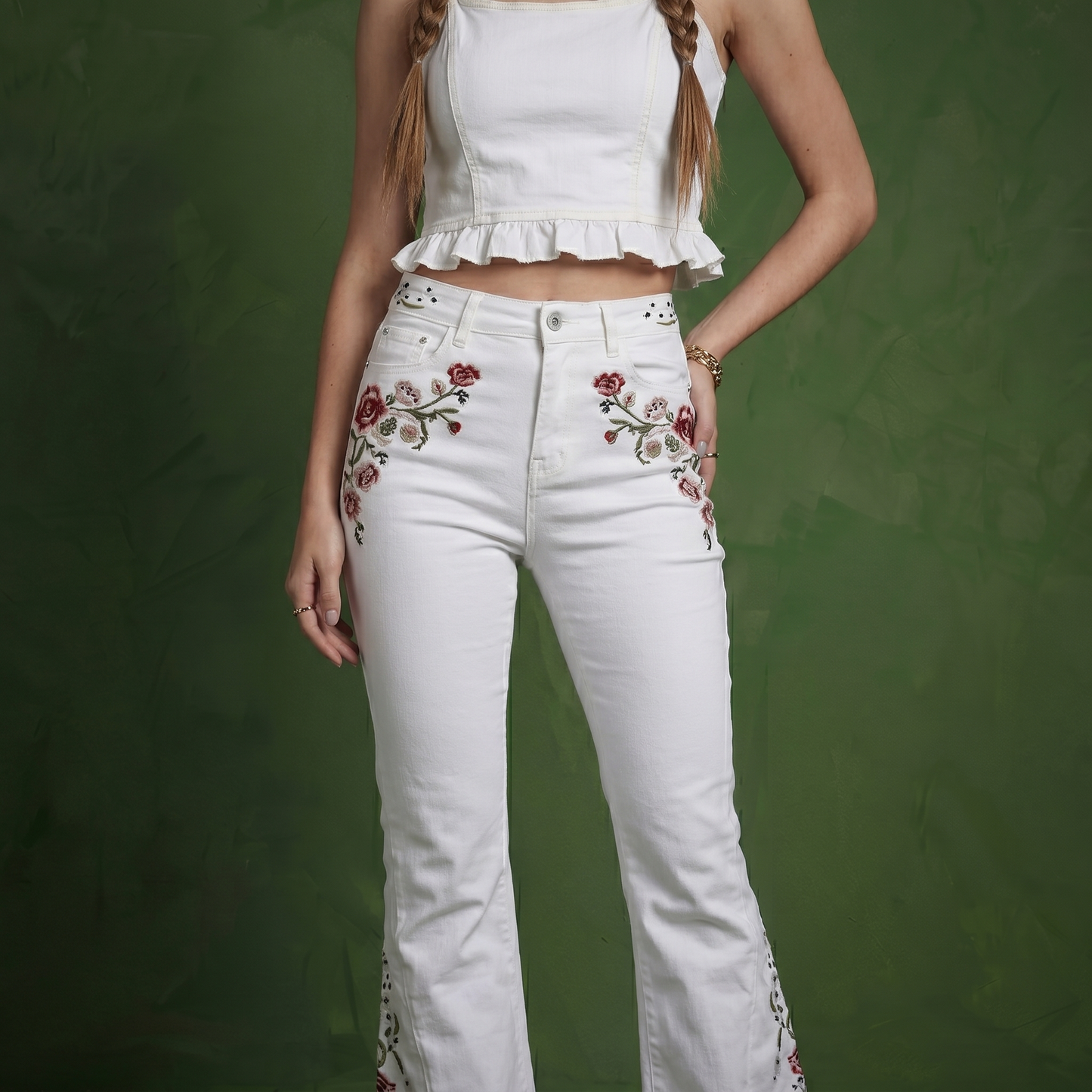 Floral Daisy Embroidered Mid Rise Bell Bottom Jeans