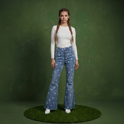 Floral Daisy Embroidered Mid Rise Bell Bottom Jeans